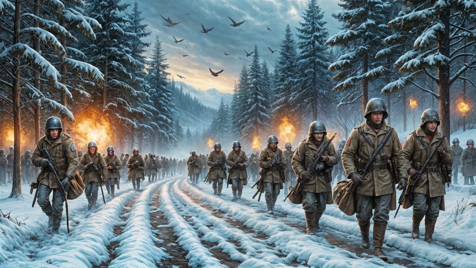 Steampunk Battle of the Bulge in Oil Painting Style
