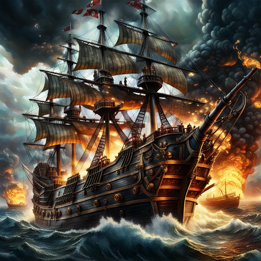 Pirate Ship Battle in Hyperrealistic Digital Art