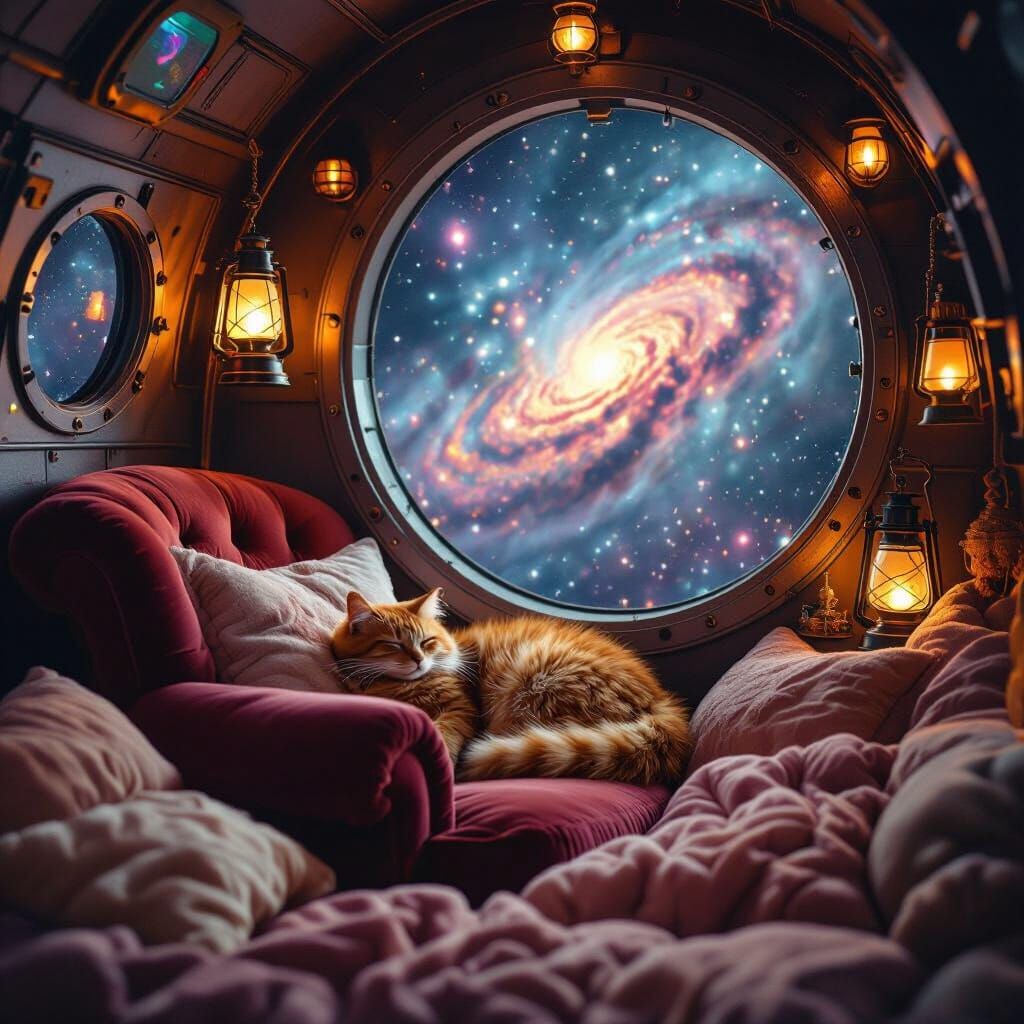Cozy Spaceship Interior with Cat and Nebula View