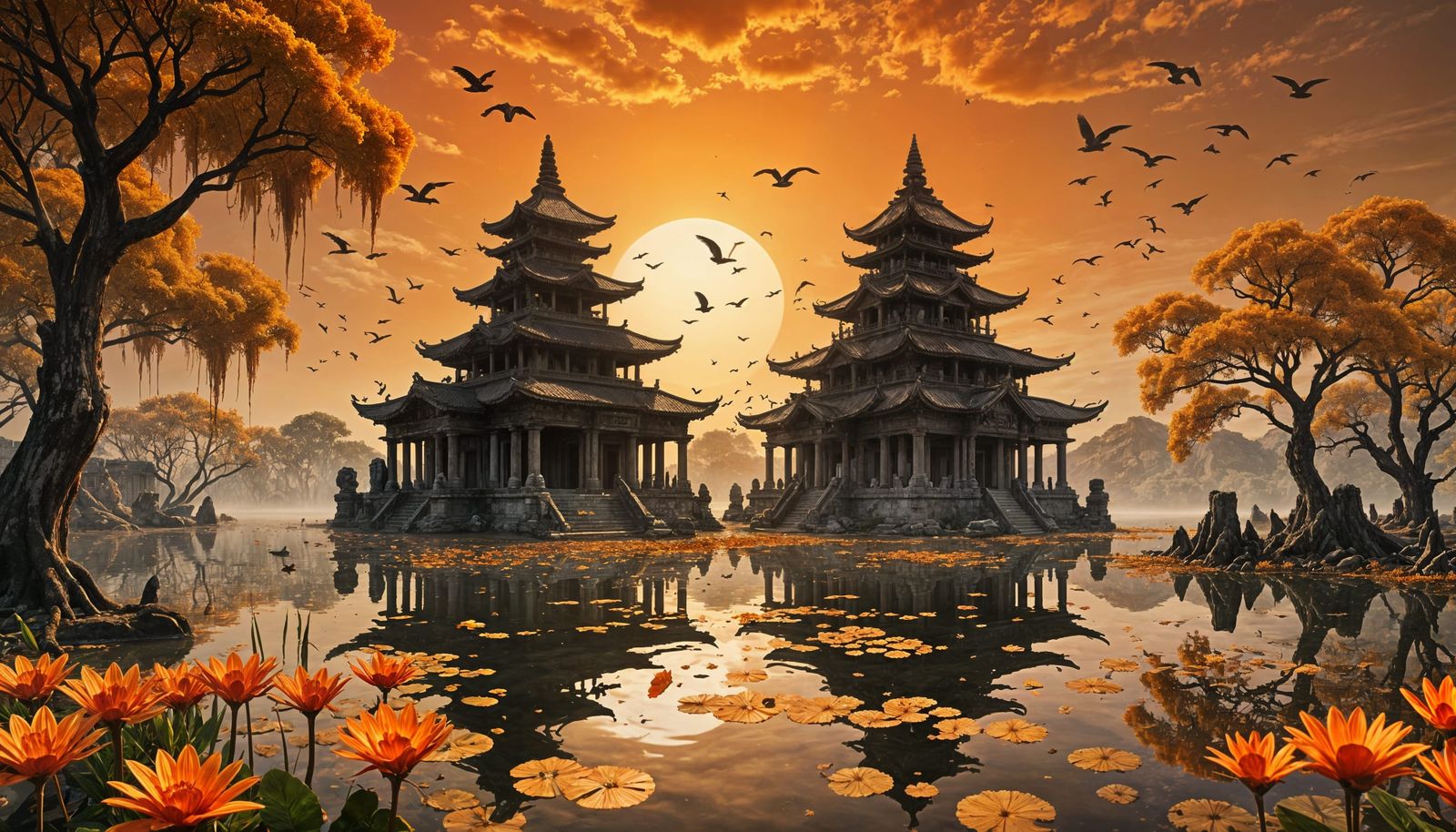 Ancient Temple Ruins at Sunset in Surreal Landscape