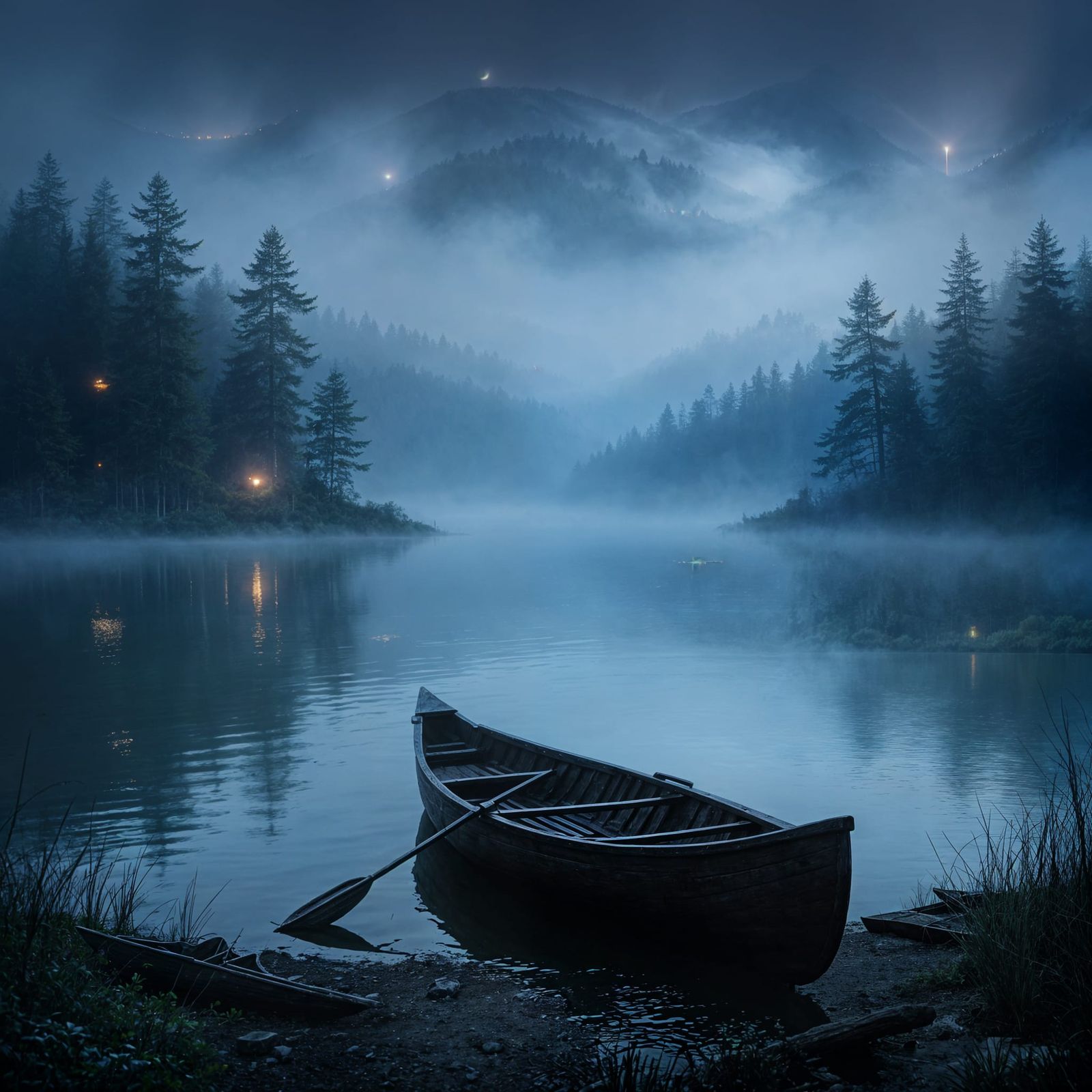 Mystical Night Lake with Canoe and Distant Light