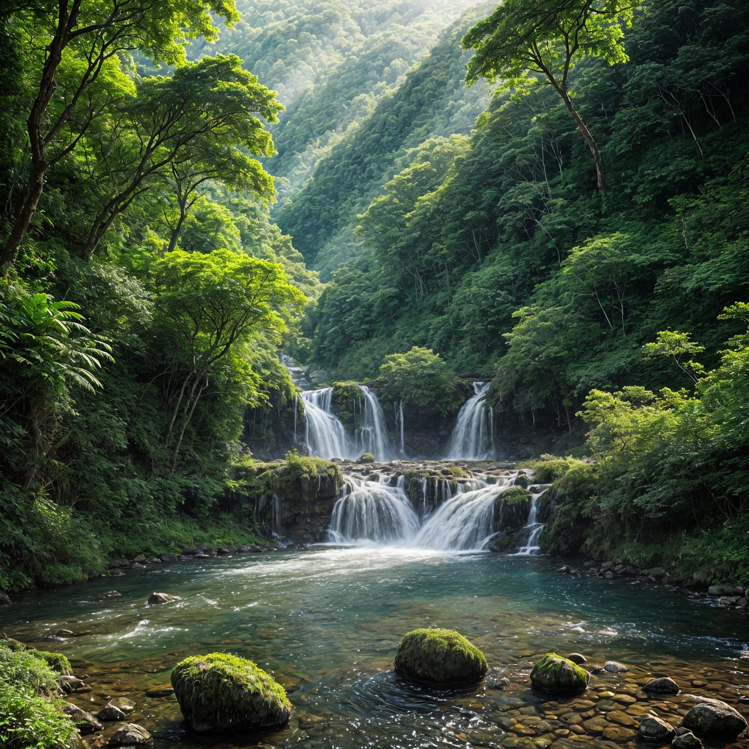 Majestic Waterfall in a Verdant Mountain Paradise