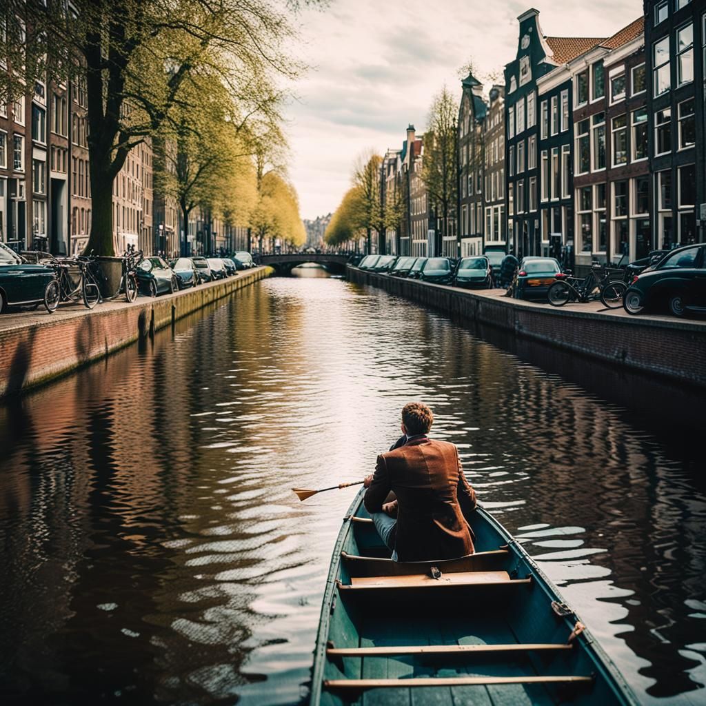 Cinematic Amsterdam Canal Scene with Rowboat