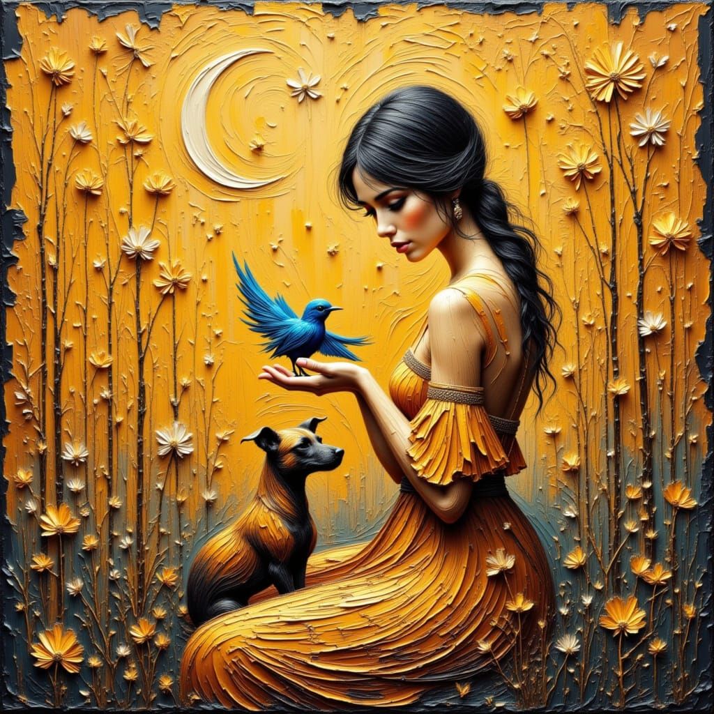 Woman holding a blue bird with a dog sitting by her feet. Wo...