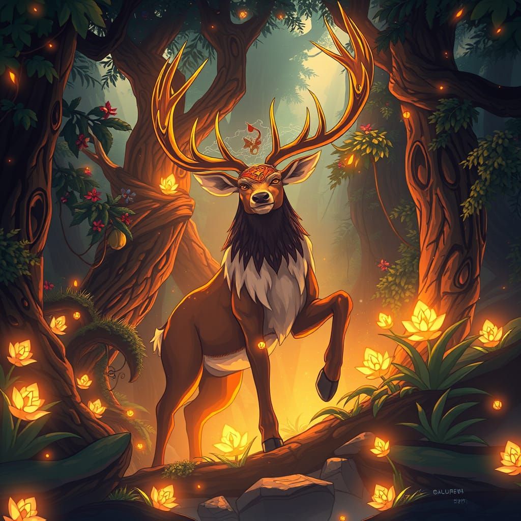 Ethereal Deer God in Ancient Forest, Cel-Shaded Anime Style