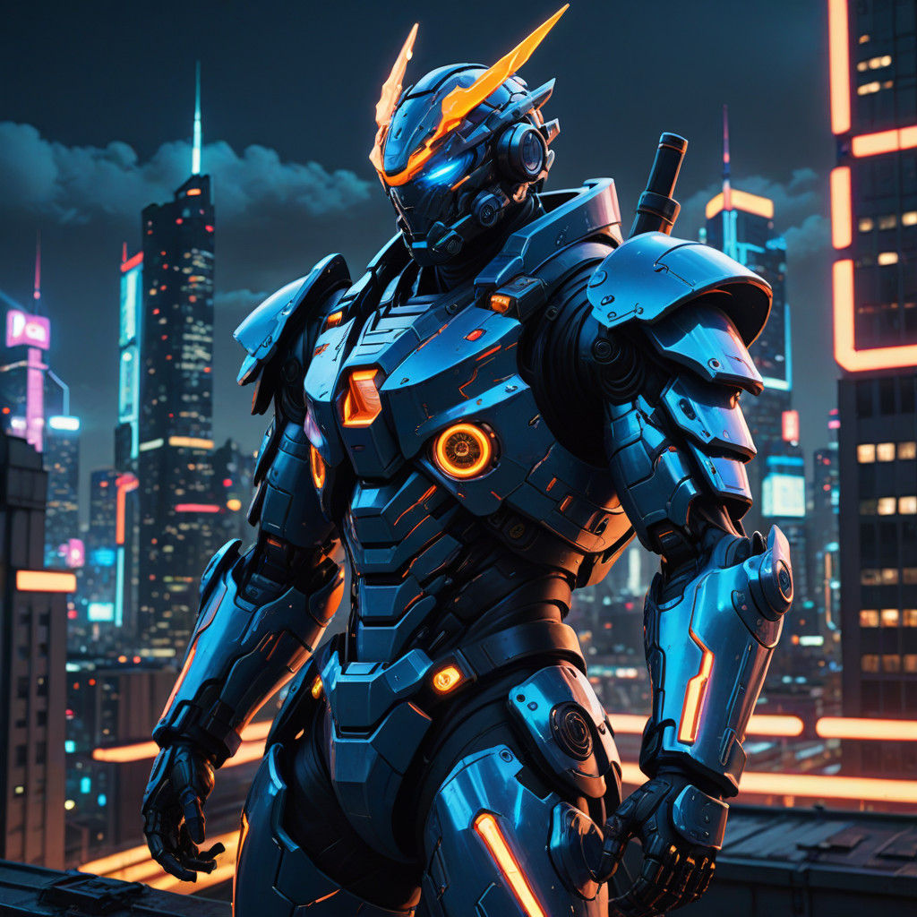 Hyper-Realistic Digimon Mech Suit in Futuristic Cityscape