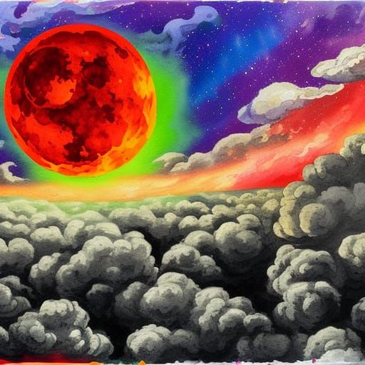 Rainbow Nuclear Explosion in Gouache Style