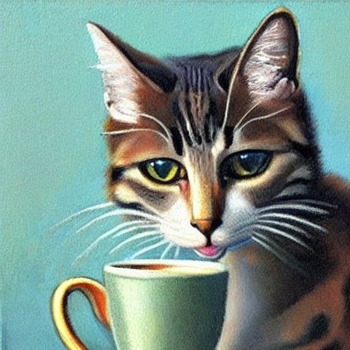 Cat Drinking Coffee in Oil Painting Style