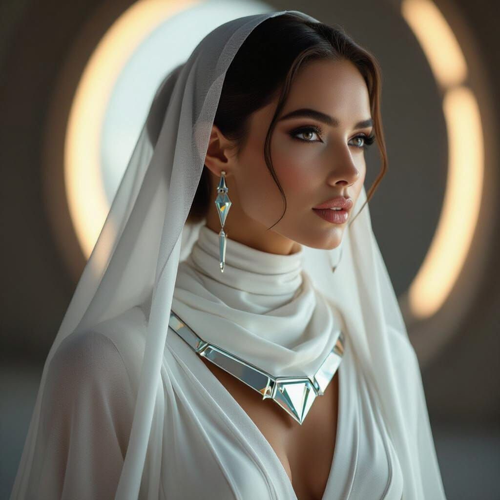 Hyperrealistic Woman in Flowing White Attire with Futuristic...