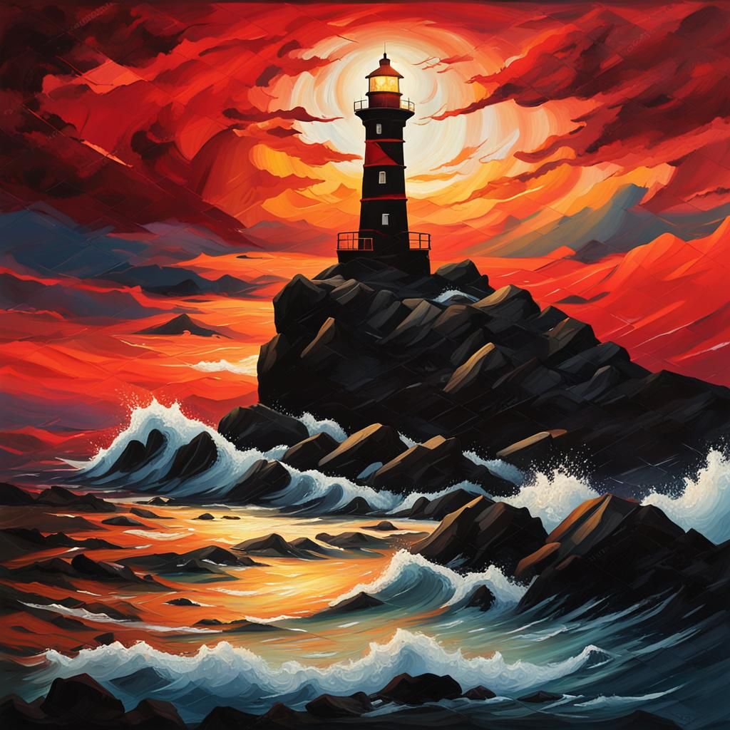 Dramatic Seascape: Lighthouse at Sunset as Oil Painting