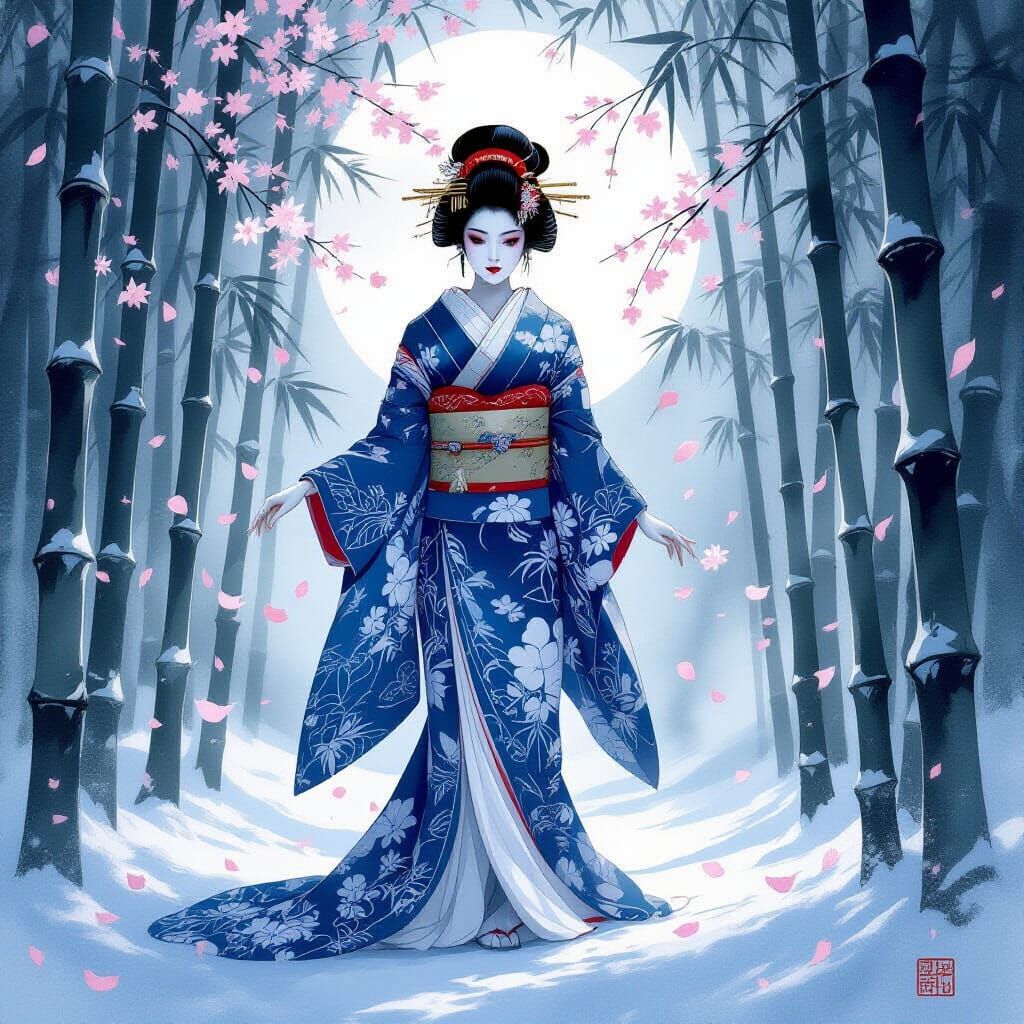 Spectral Geisha in Moonlit Bamboo Forest