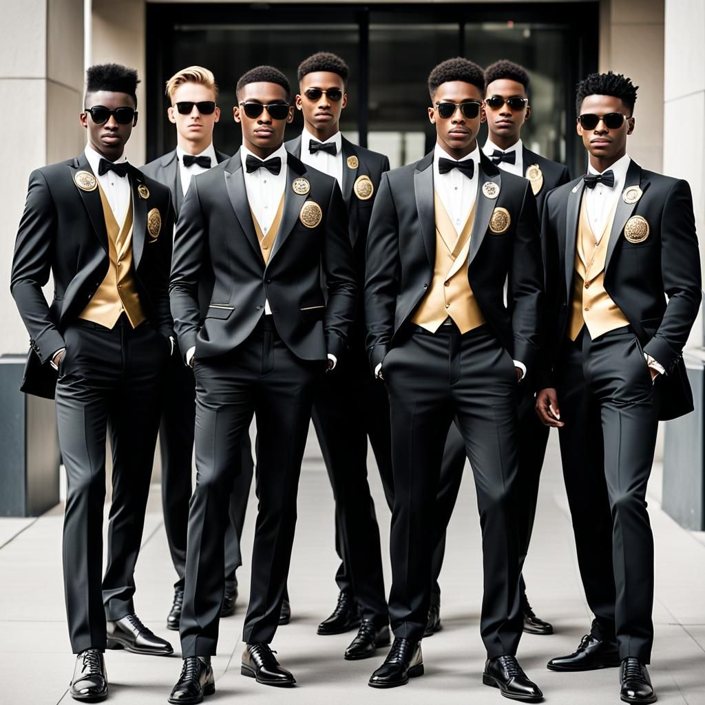 Young Black Businessmen in Tuxedos Guarding Office