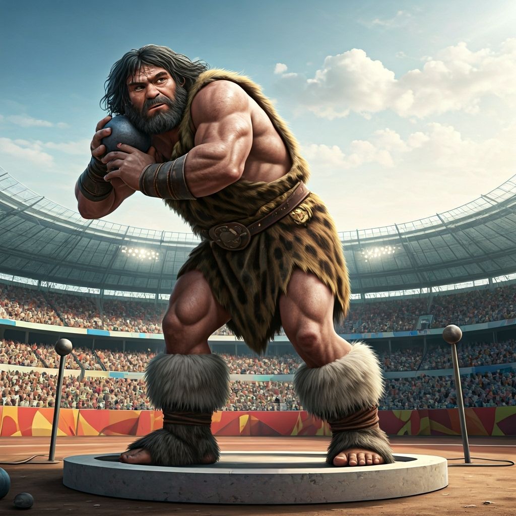 Caveman Competes in Olympic Shot Put Event