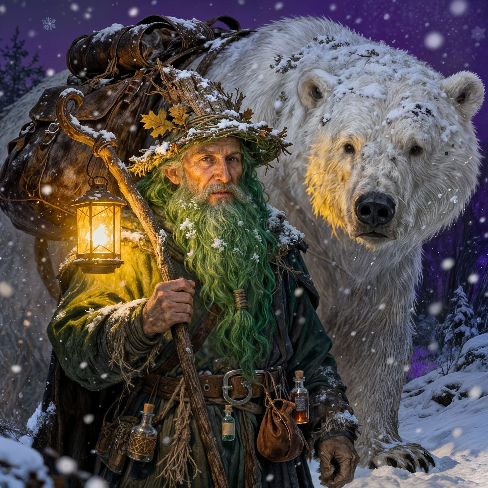 Old Druid in Snowy Forest with White Bear Companion
