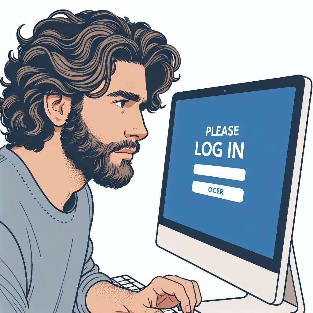 Man at Computer Displaying 'Please Log In'