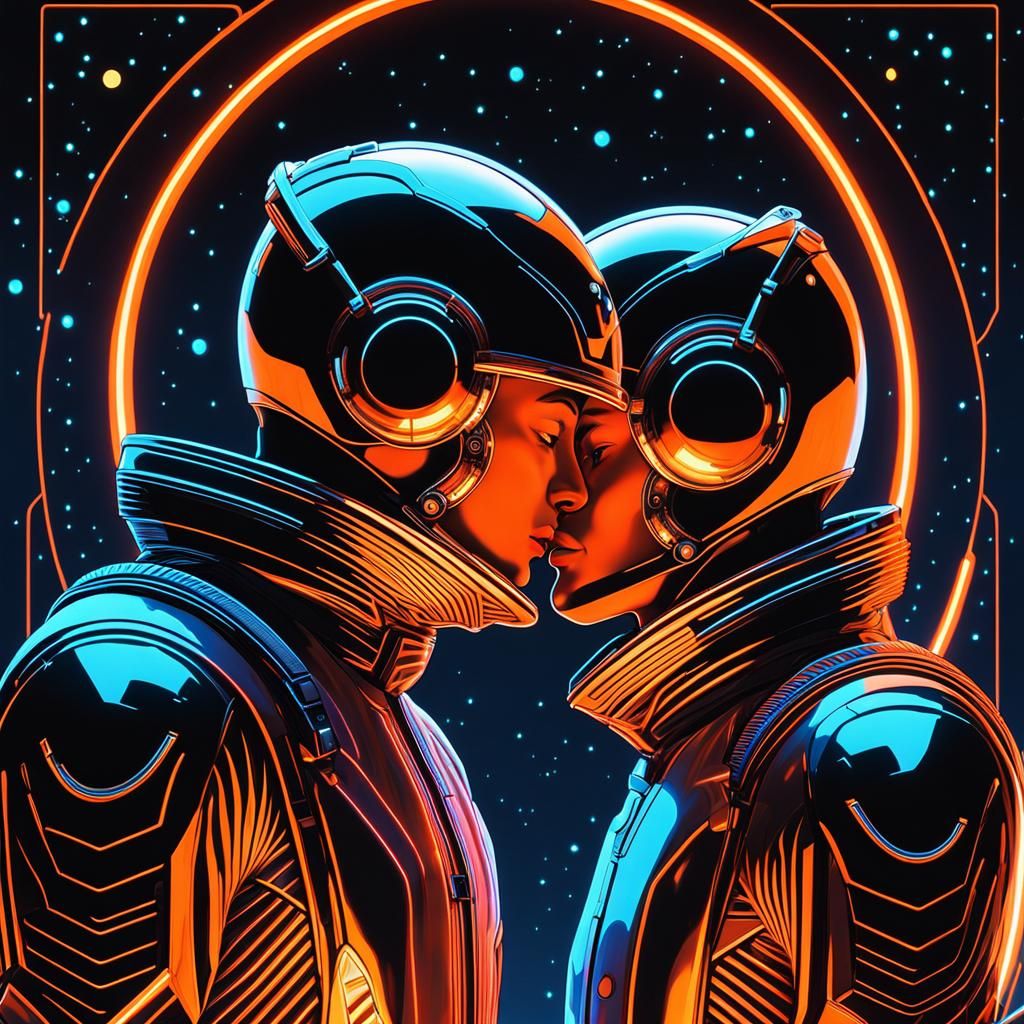 Gay Couple Kissing in Cyberpunk Neon Cityscape