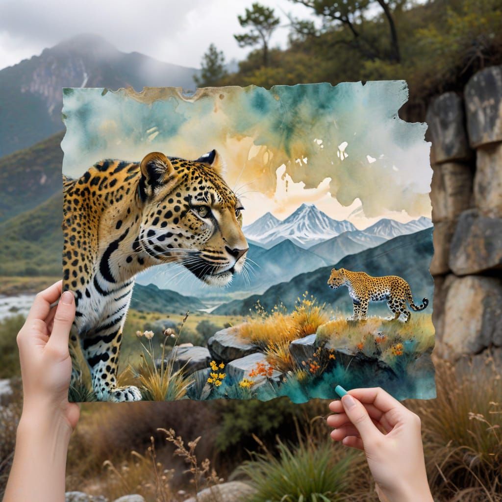 Surreal Landscape with Gouache Surface and Leopard