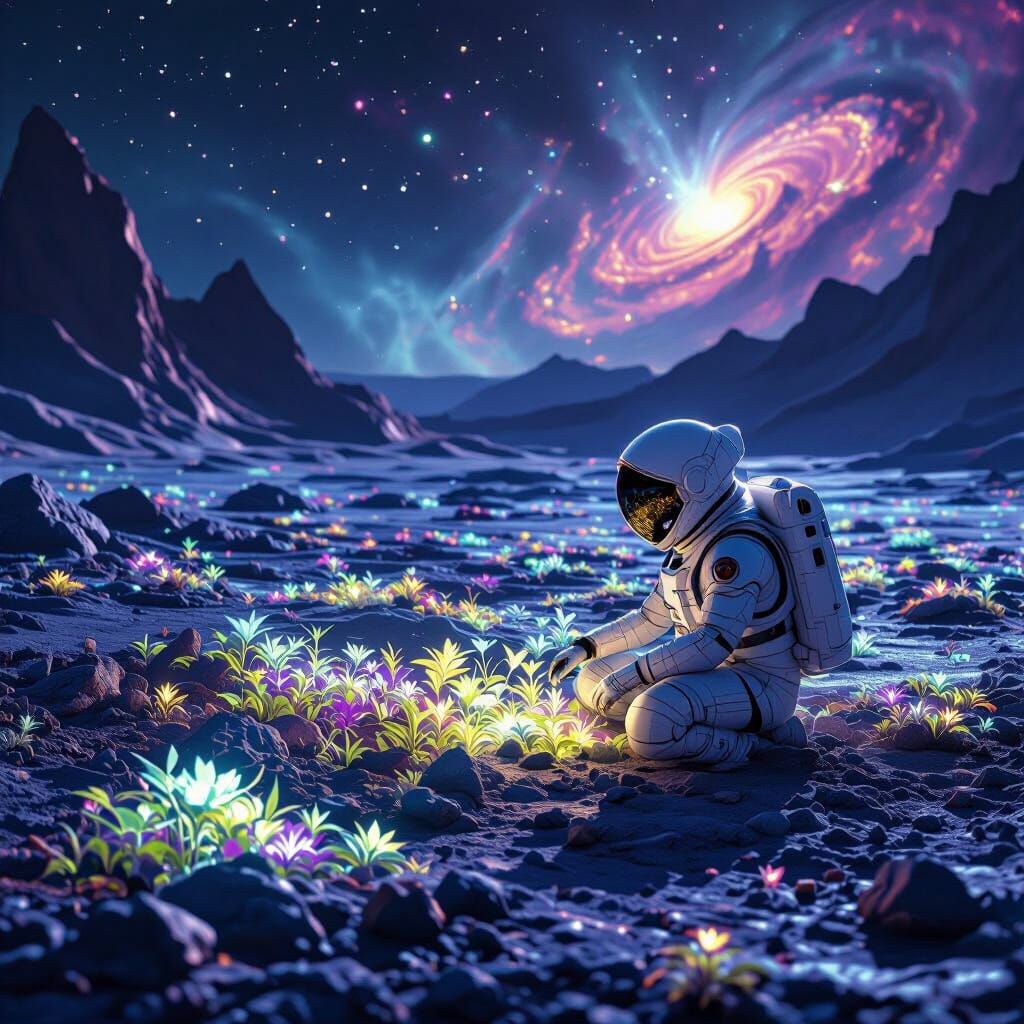 Astronaut Tends Alien Garden Under Nebula Sky