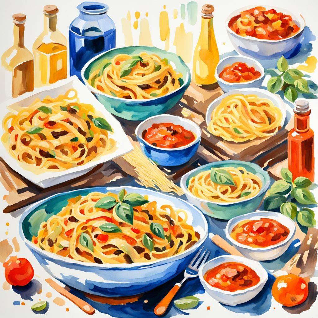 Pasta Dinner as Gouache Impressionist Painting