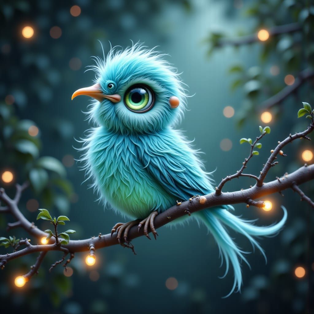 Turquoise Bird on Branch with String Lights