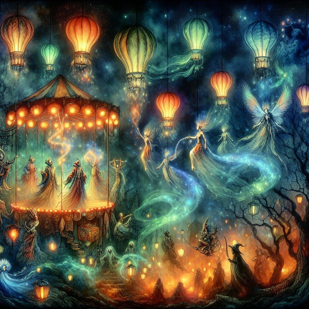 Supernatural Carnival Amidst Dark Fantasy Forest