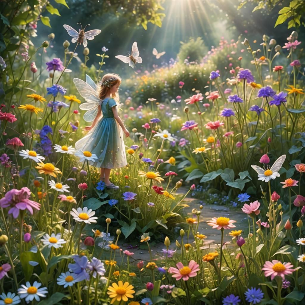 Ethereal Fairies Tend Wildflower Garden in Fantasy Scene