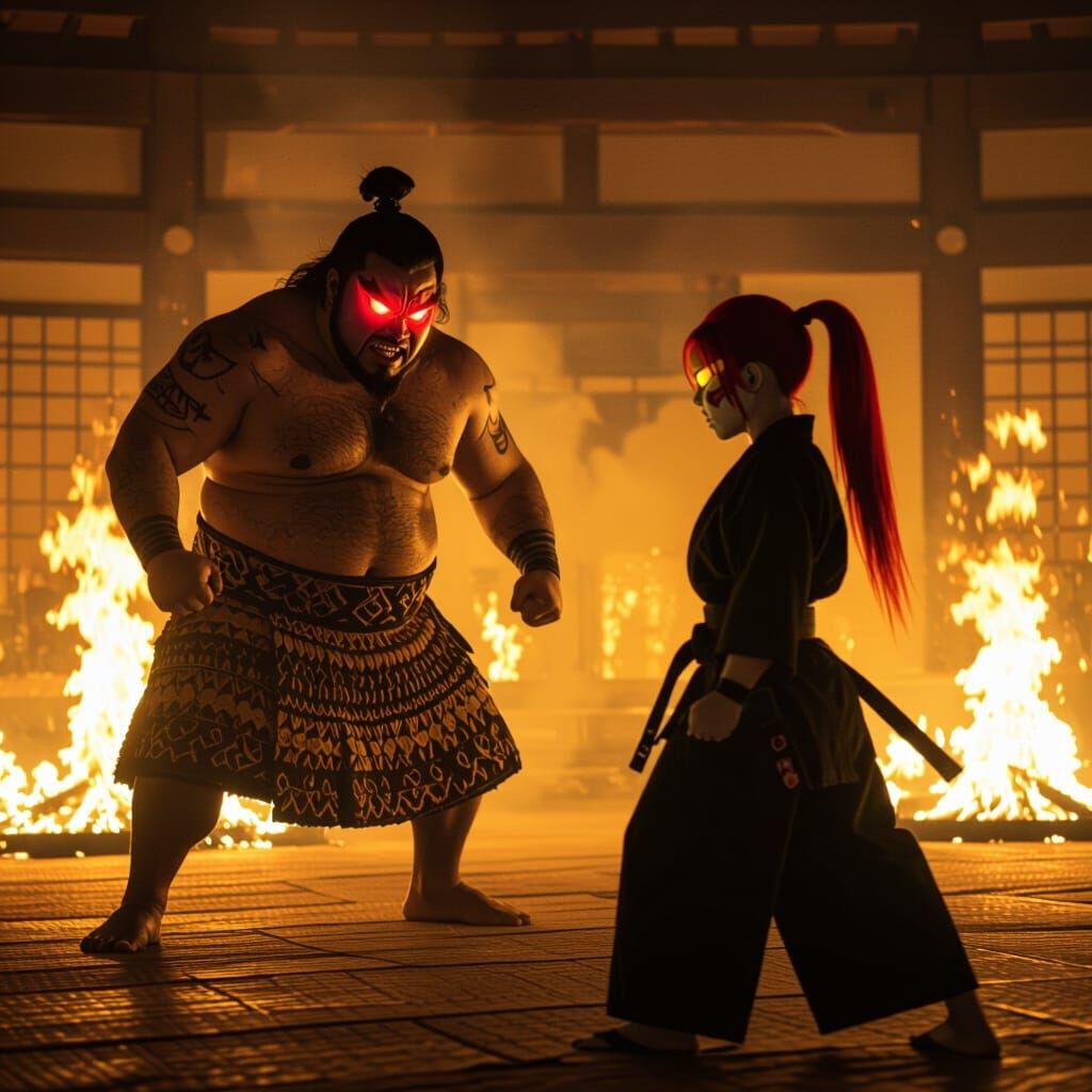 Intense Sumo Wrestler Confronts Karate Girl in Burning Dojo