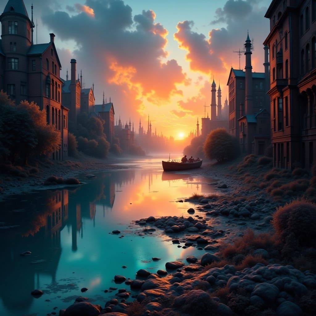 Eerie Surreal Industrial Sunrise, Alphonse Mucha Style