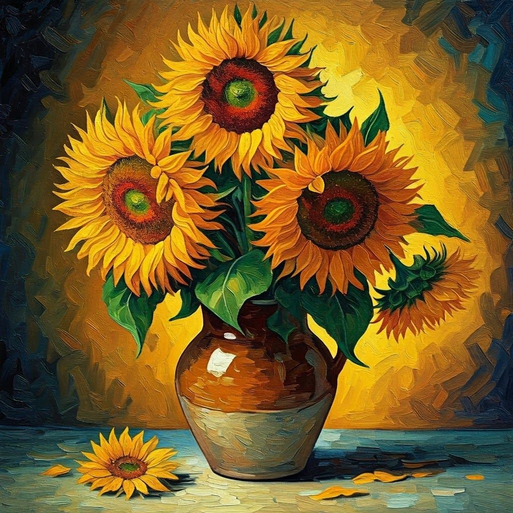 Sunflowers in Vase: Impasto Painting with Iridescent Colors