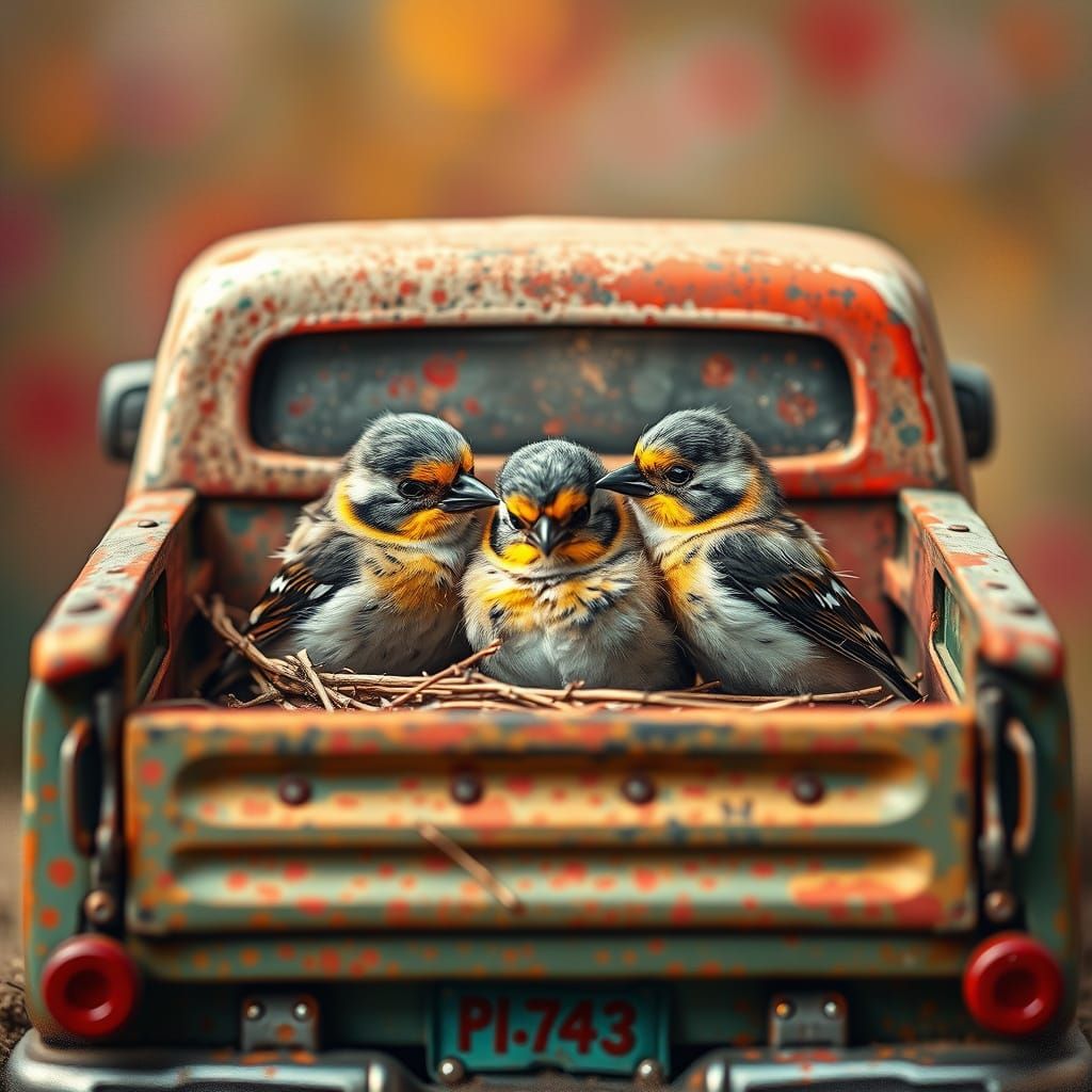 Vibrant Springtime Birds in Rusty Toy Pickup