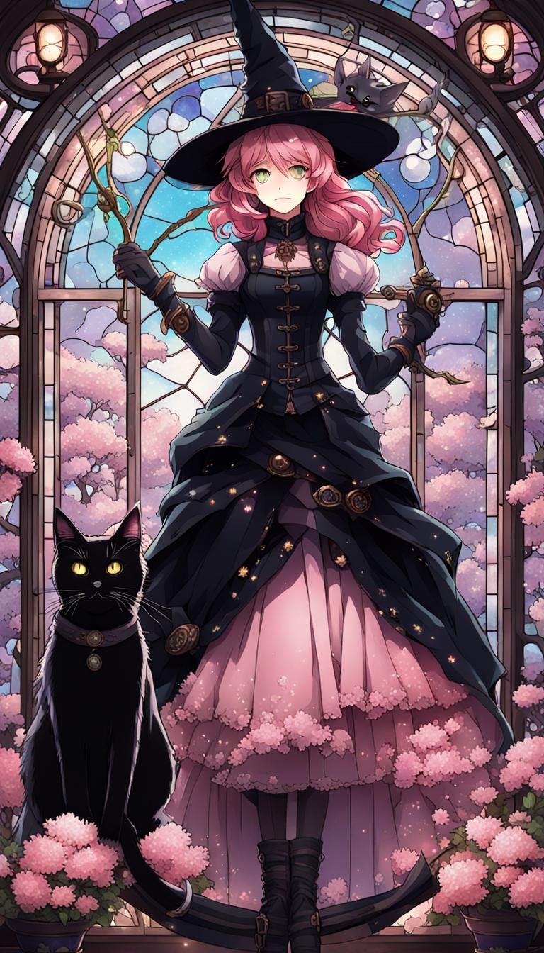 Steampunk Witch with Cat Before Galaxy Window
