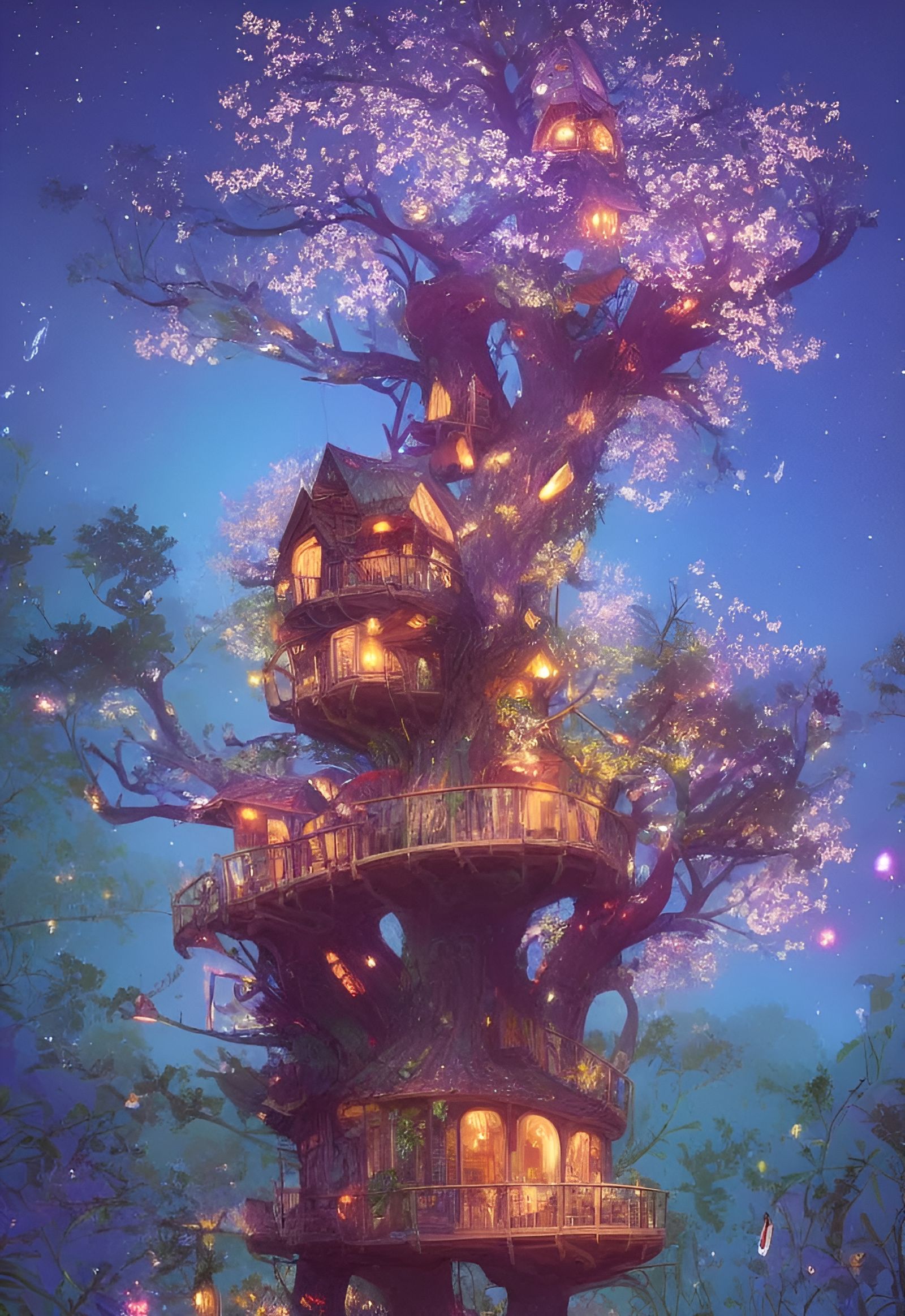 Magical Starlit Treehouse Illustration
