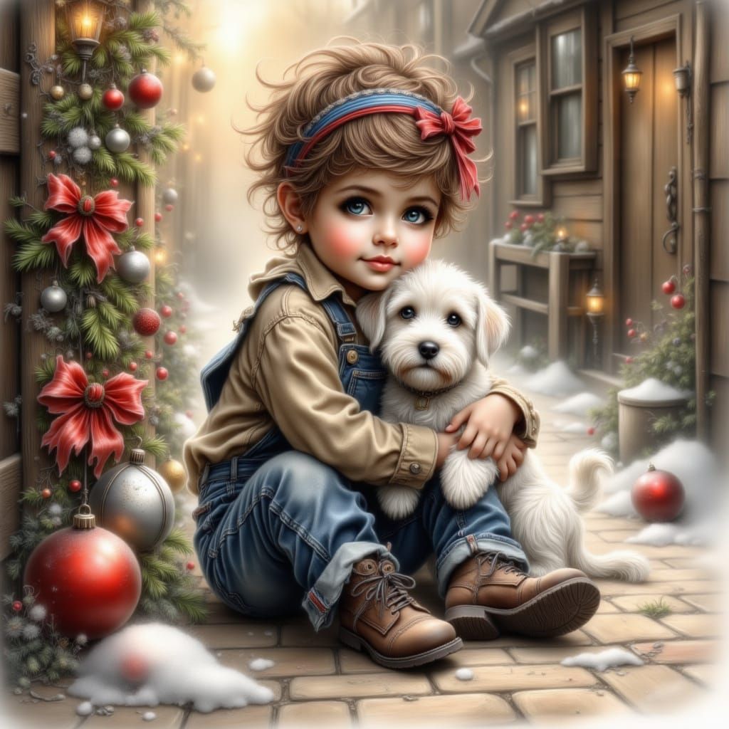 Adorable Boy and Puppy in Christmas Scene