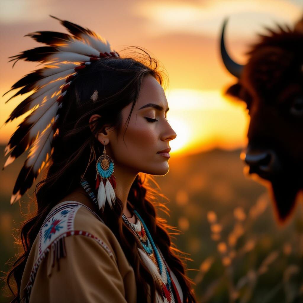 Native American Woman Meditating at Golden Sunset