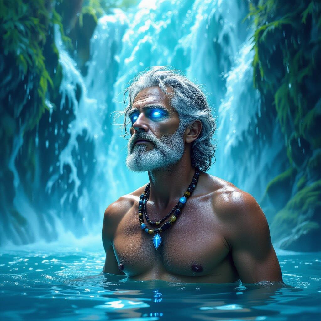 Water Man with Crystal Hair in Blue-Green Light