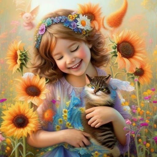 Girl With Cat And Sunflowers 2