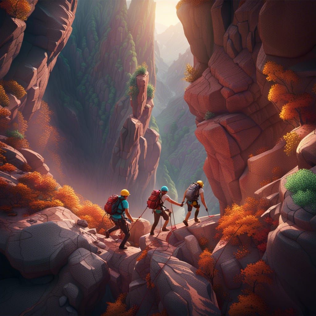 Epic Canyon Crossing: Climber Teamwork in Digital Art