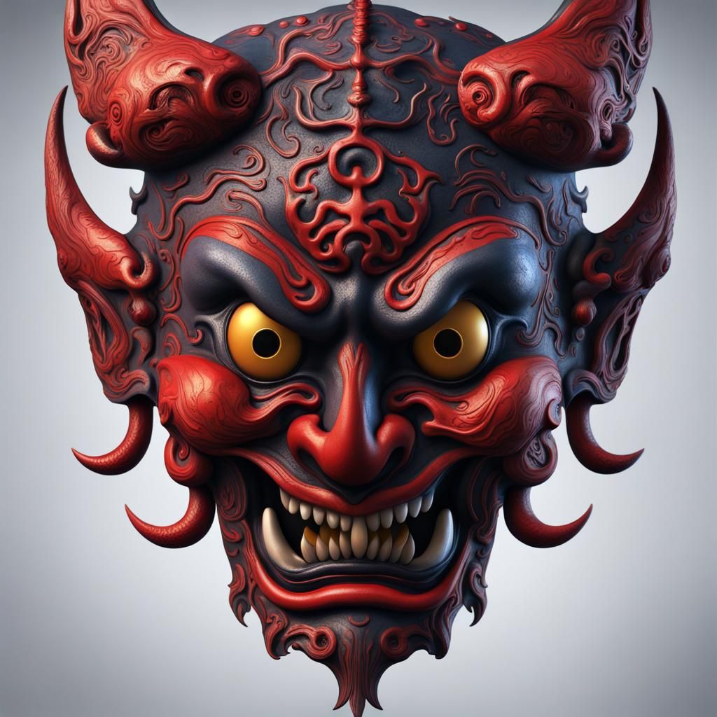 Detailed Demonic Yokai Mask in Matte Painting Style