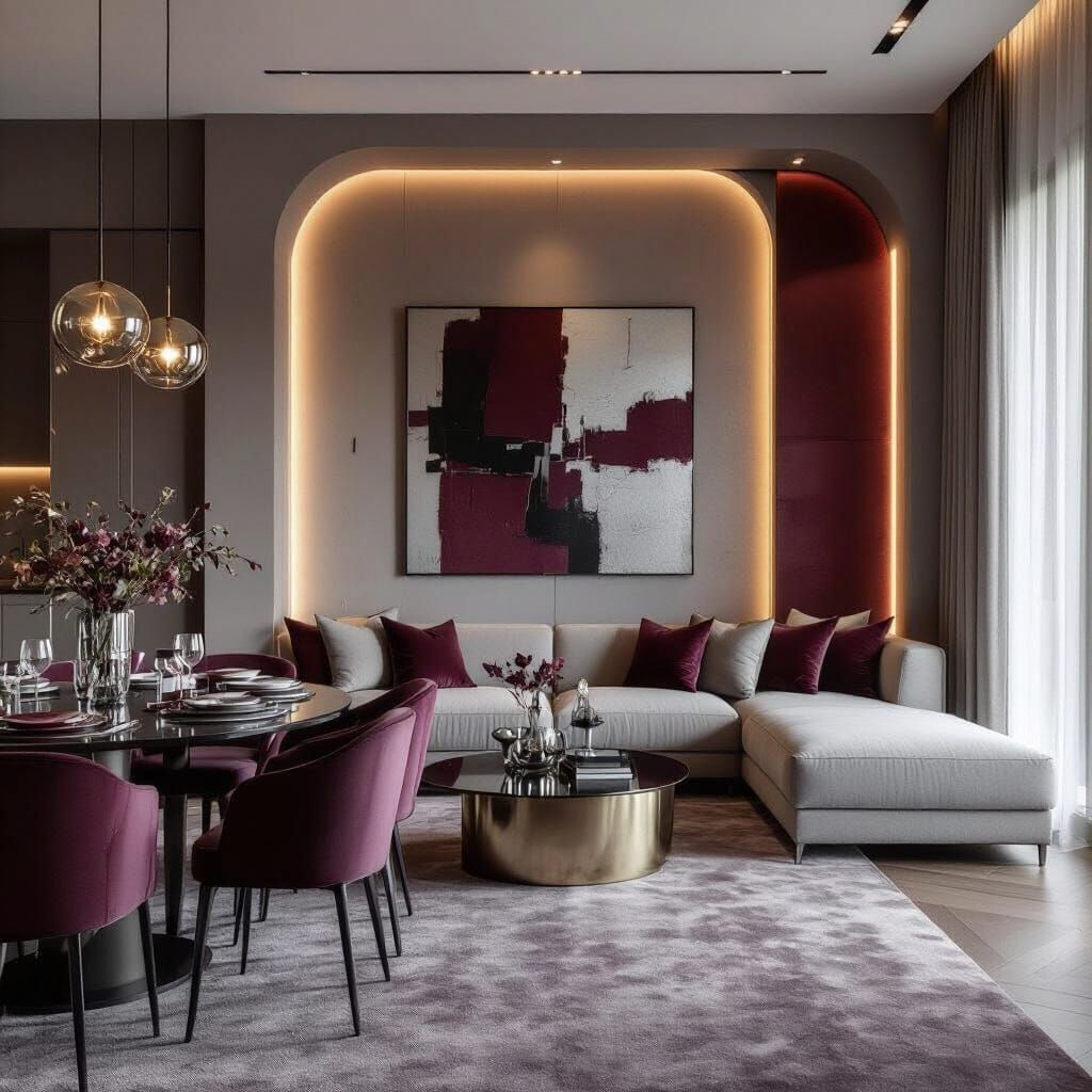 Elegant Modern Dining Room with Burgundy Velvet Accent