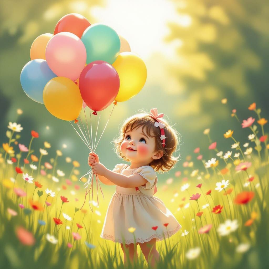 Joyful Child with Balloons in Sunny Meadow