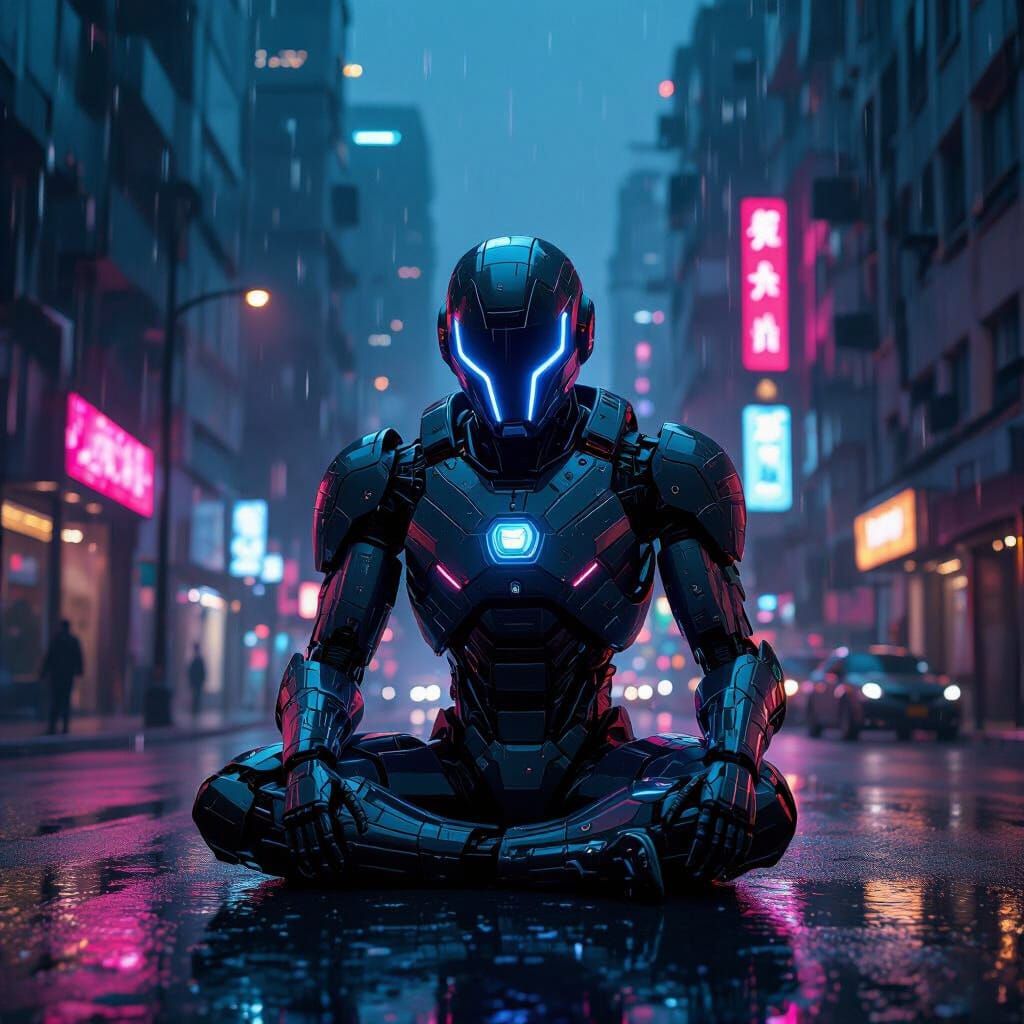 Cyberpunk Robot in Neon Lit Dystopian City