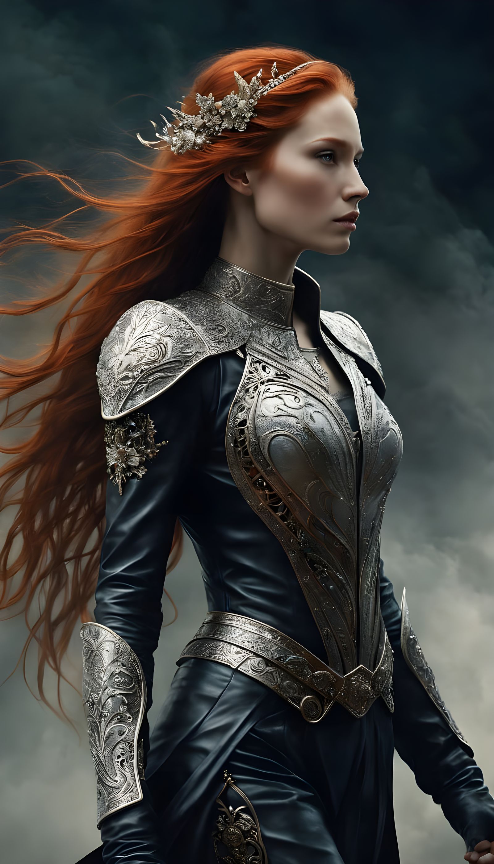 Elegant Dark Fantasy Warrior with Red Hair and Leather Suit
