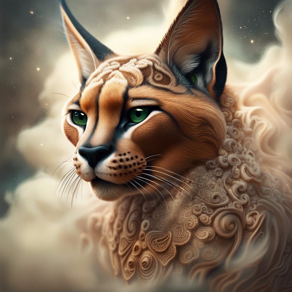 Detailed Caracal Dissolving into Swirling Cloud