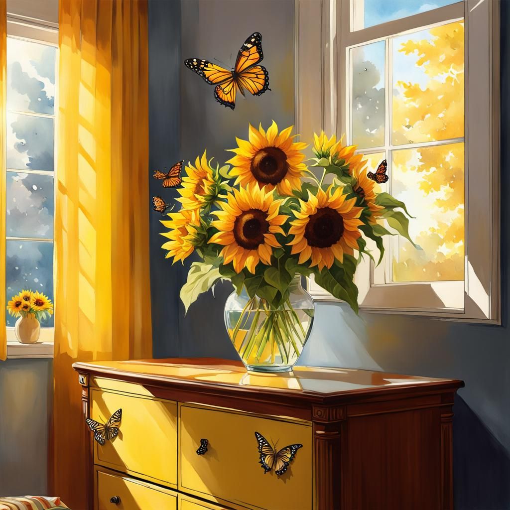 Sunflowers in Vase: Cheerful Bedroom Scene