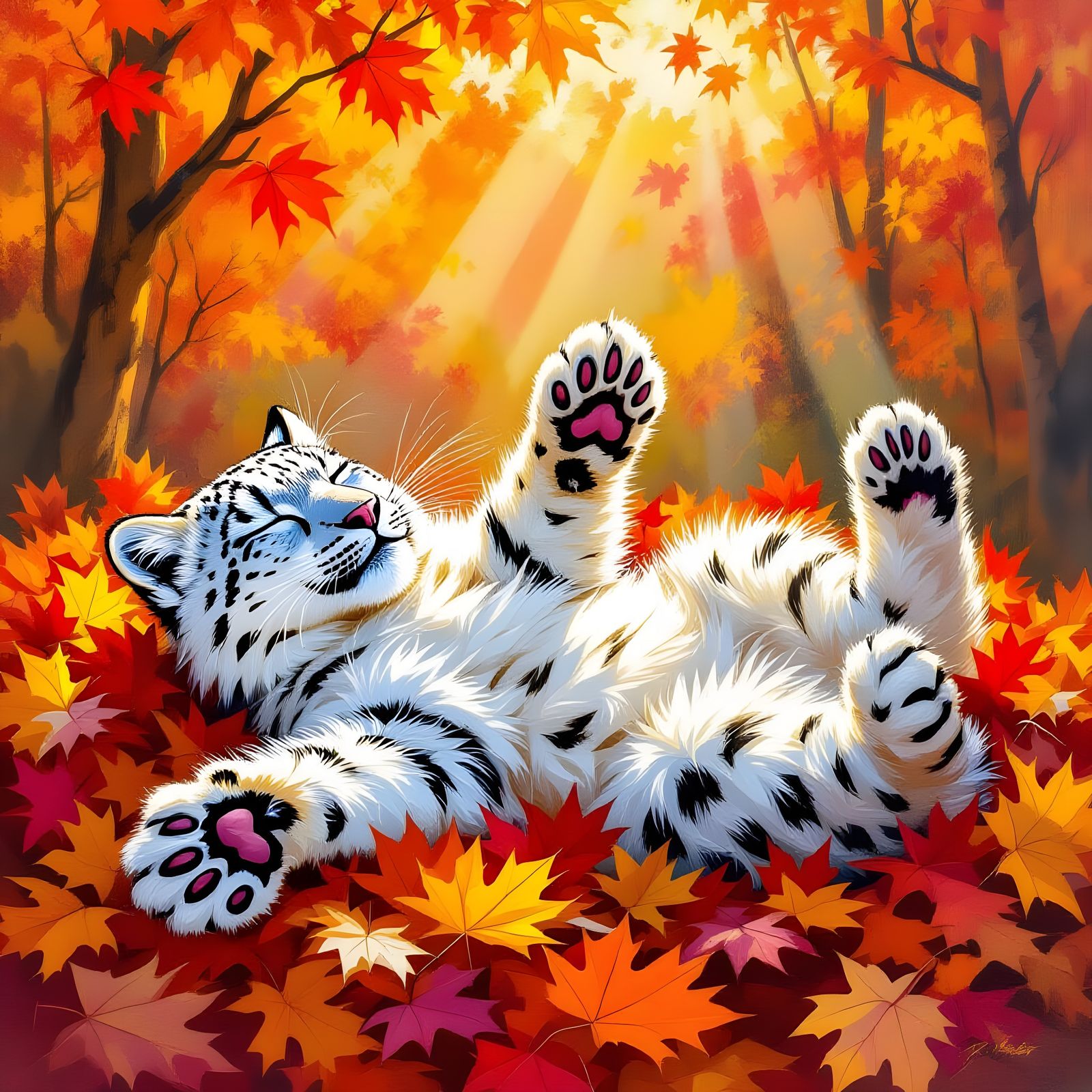Fluffy Snow Leopard Wriggles in Autumn Leaves