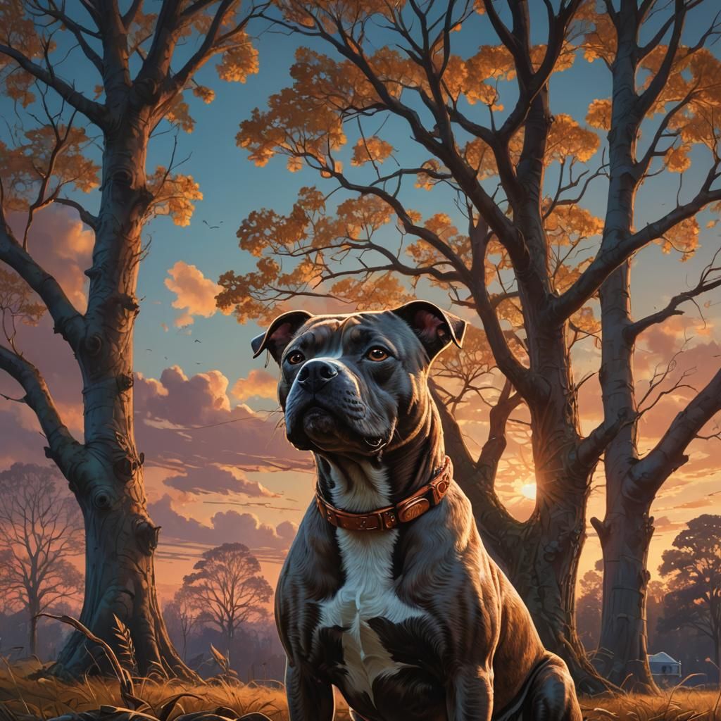 Staffy Dog Portrait Near Mystical Sunset Tree