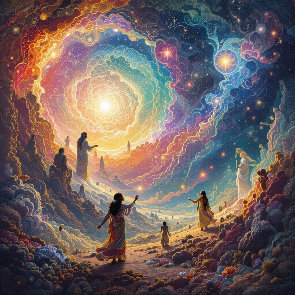 Vibrant Cosmic Astral Illustration with Ethereal Beings