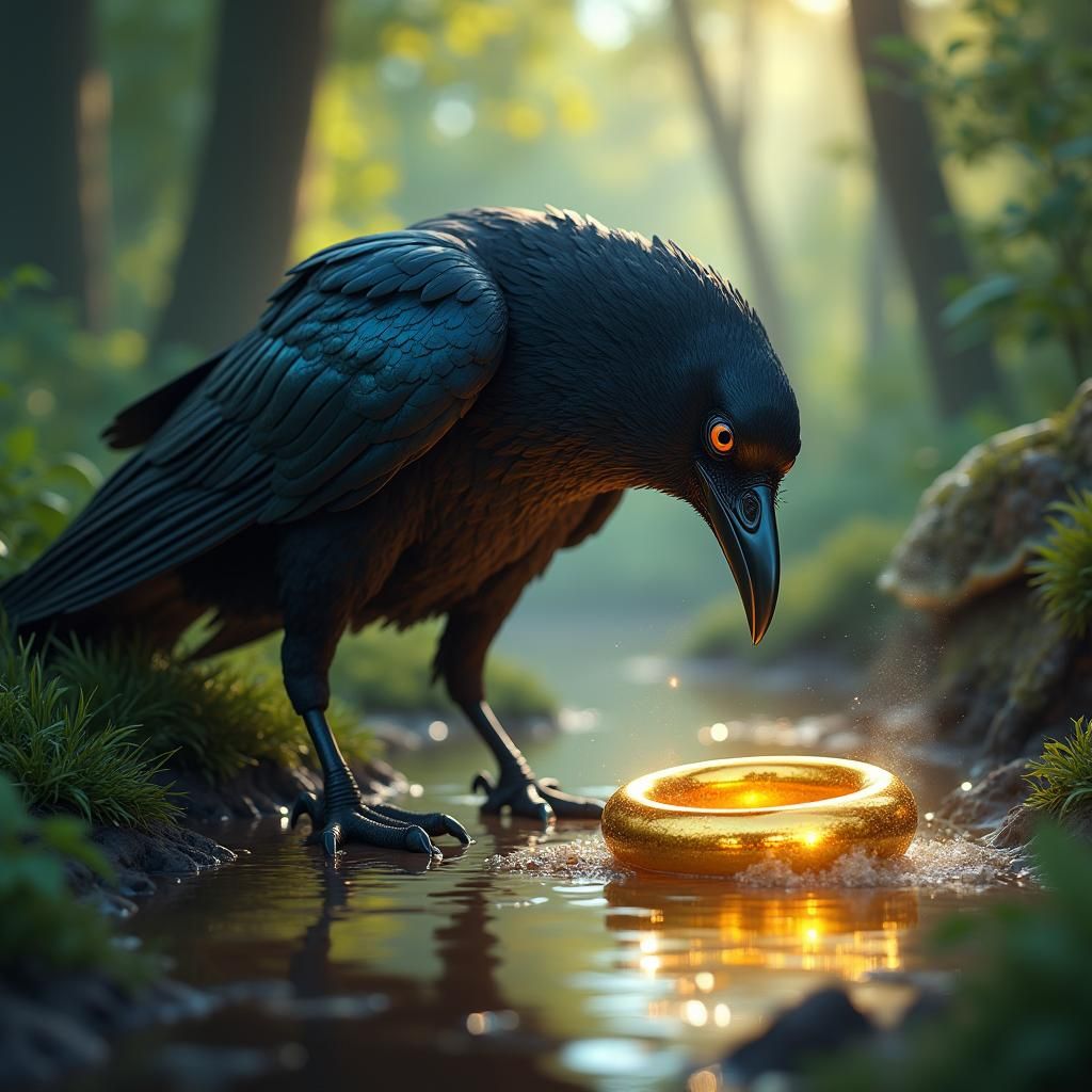 Crow Finds Golden Ring in Forest Glade