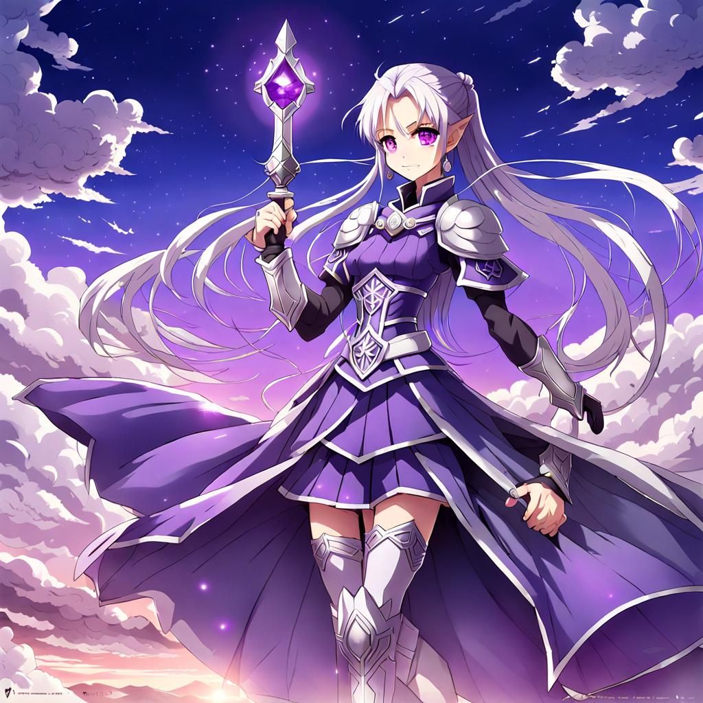 Anime Paladin with Amethyst Daggers Under Violet Sky