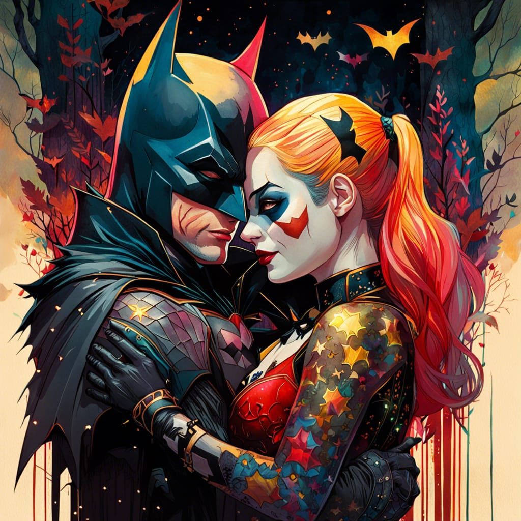 Batman and Harley Quinn Portrait in Watercolor Style